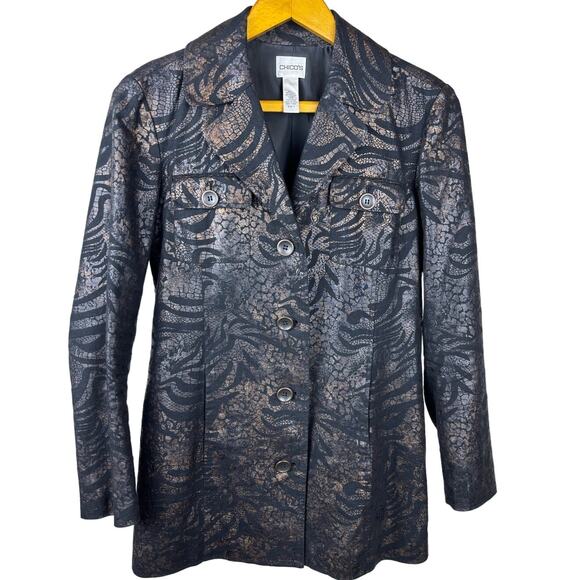 CHICOS Womens Blazer Jacket Sz 0 XS Black Bronze Pattern Front Pockets w Buttons - Picture 1 of 9